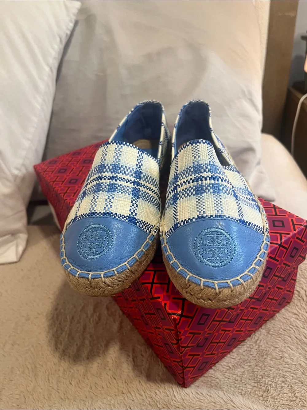 Tory Burch Blue and Cream Plaid Espadrilles